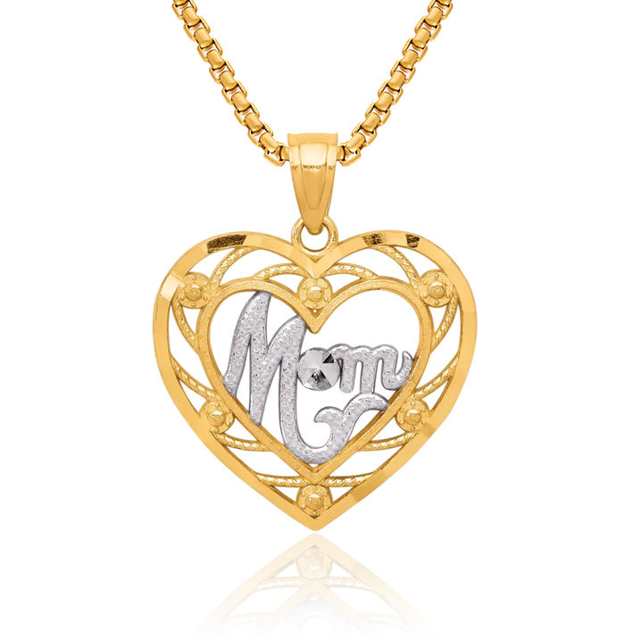 10K Solid Yellow Gold Mom Heart Necklace Mama Charm Mother Pendant