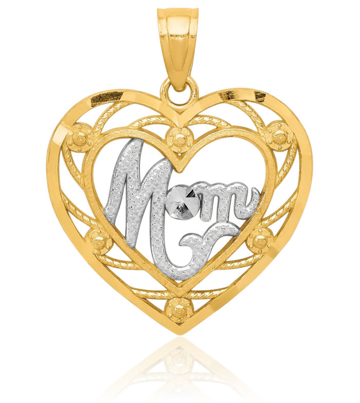 10K Solid Yellow Gold Mom Heart Necklace Mama Charm Mother Pendant