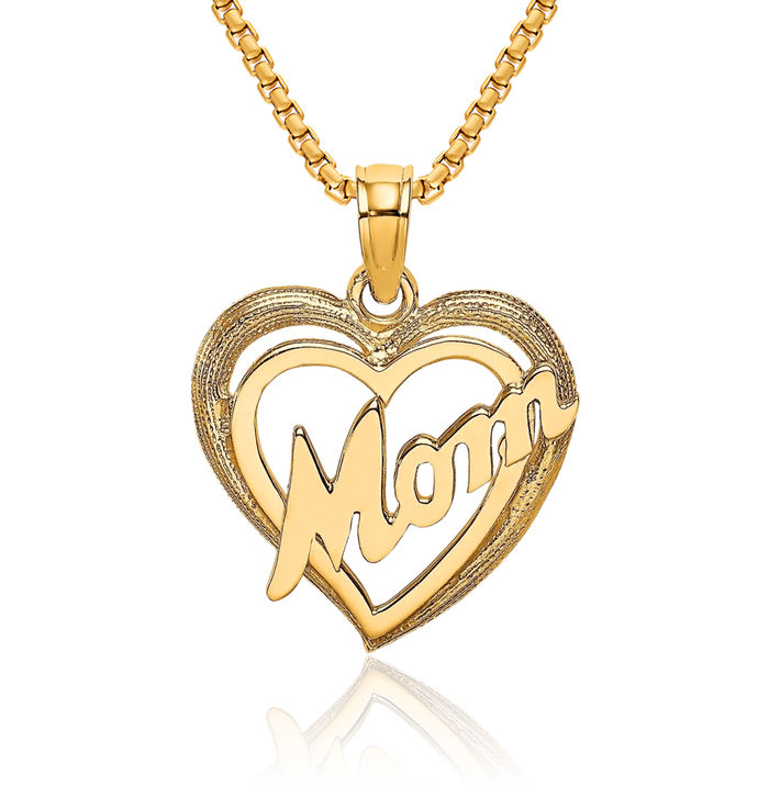 10K Solid Yellow Gold Mom Heart Necklace Mama Charm Mother Pendant