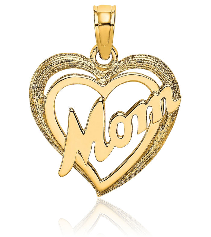 10K Solid Yellow Gold Mom Heart Necklace Mama Charm Mother Pendant