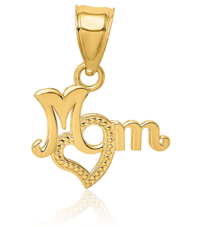 10K Solid Yellow Gold Mom Heart Necklace Mama Charm Mother Pendant