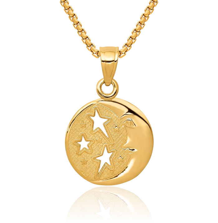 10K Solid Yellow Gold Crescent Moon 3 Stars Necklace Chain Pendant Charm