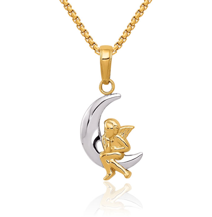 10K Solid Yellow Gold Crescent Moon Guardian Angel Wings Necklace Chain Pendant Charm