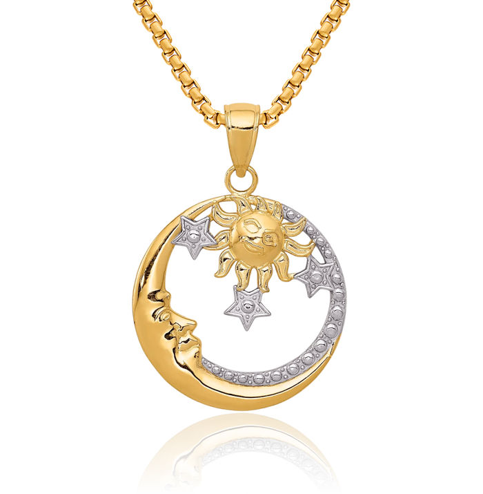 10K Solid Yellow Gold Crescent Moon Stars Sun Necklace Sunshine Pendant Sunburst Charm Celestial Jewelry