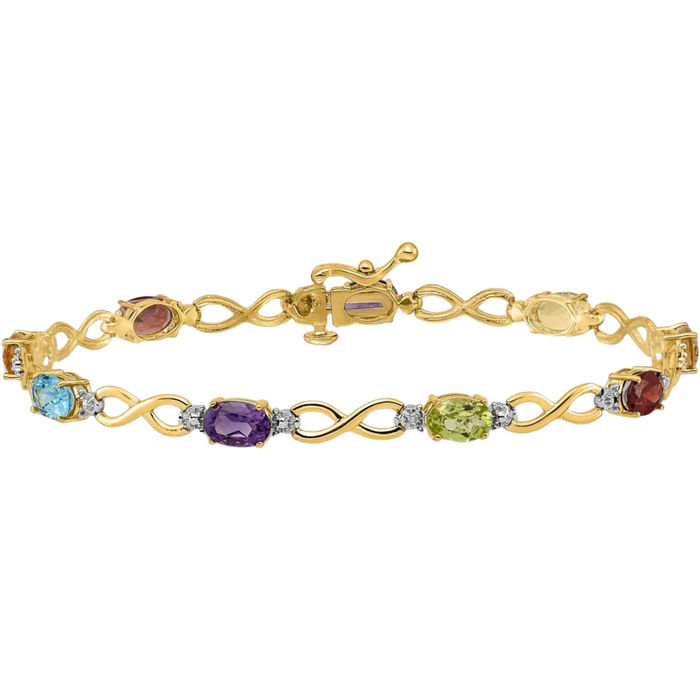 10K Solid Yellow Gold Rainbow Multi-color Gemstone Diamond Infinity Twisted Love Knot Symbol Chain Bracelet