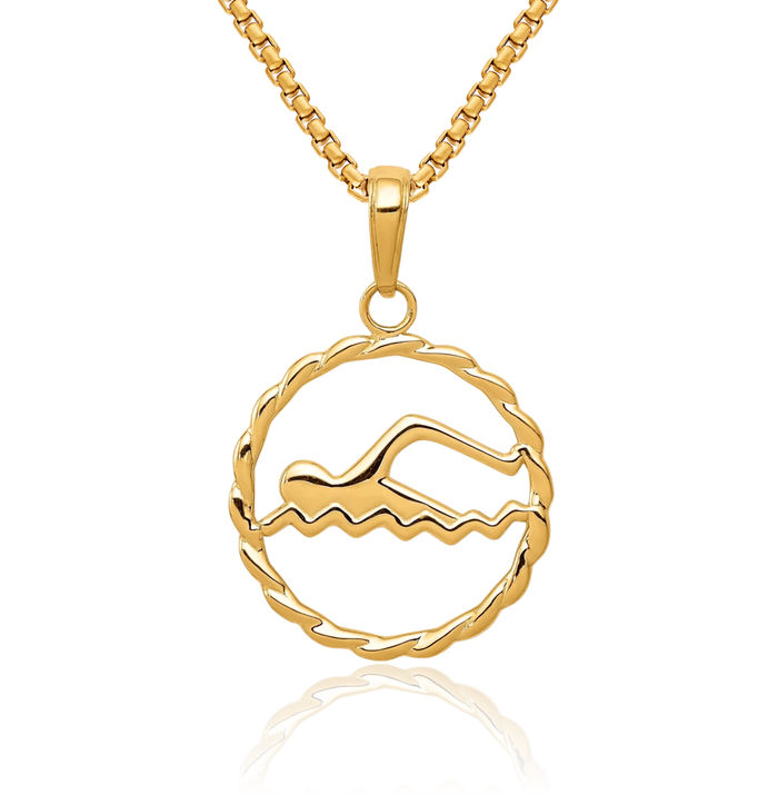 10K Solid Yellow Gold Necklace Swimming Water Charm Sports Pendant
