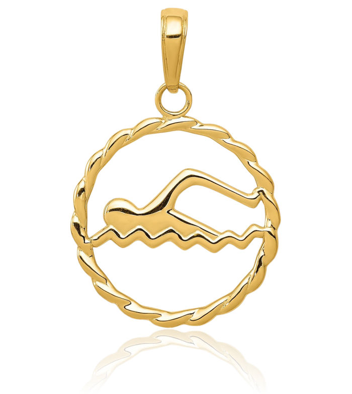 10K Solid Yellow Gold Necklace Swimming Water Charm Sports Pendant