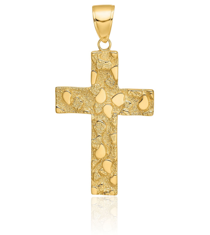 10K Solid Yellow Gold Chunky Nugget Latin Mexican Holy Cross Necklace Religious Chain Pendant Jesus Christ Charm