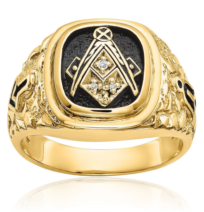 10K Solid Yellow Gold Vintage Chunky Nugget Diamond Master Mason Signet Freemason Masonic Ring