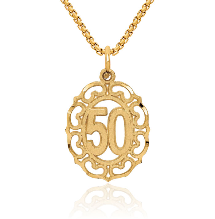 10K Solid Yellow Gold Number 50 Oval Necklace Chain Pendant Charm