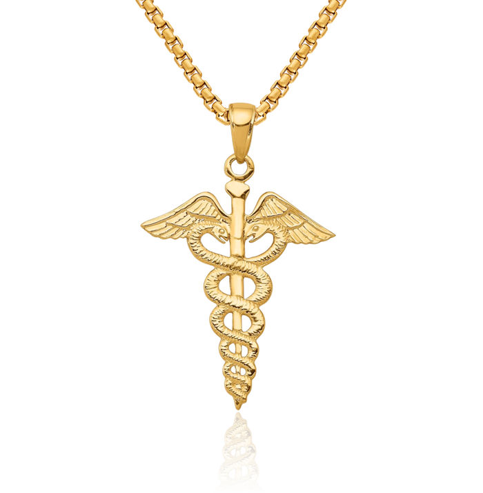 10K Solid Yellow Gold Nurse Caduceus Paramedic Emt Doctor Medical Student Nursing Symbol Necklace Chain Pendant Charm