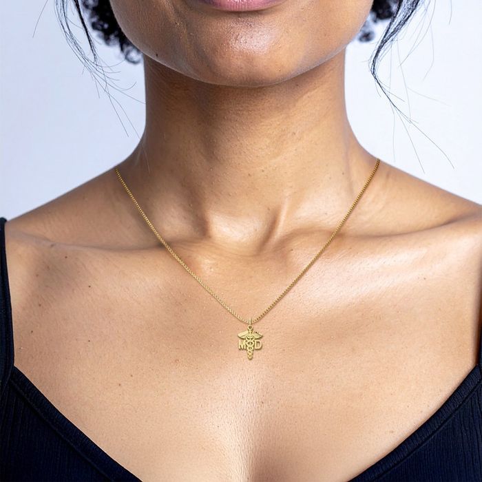 10k Yellow Gold RN Caduceus Pendant Necklace With Diamond Accent - 18" Chain, Nurse Gift