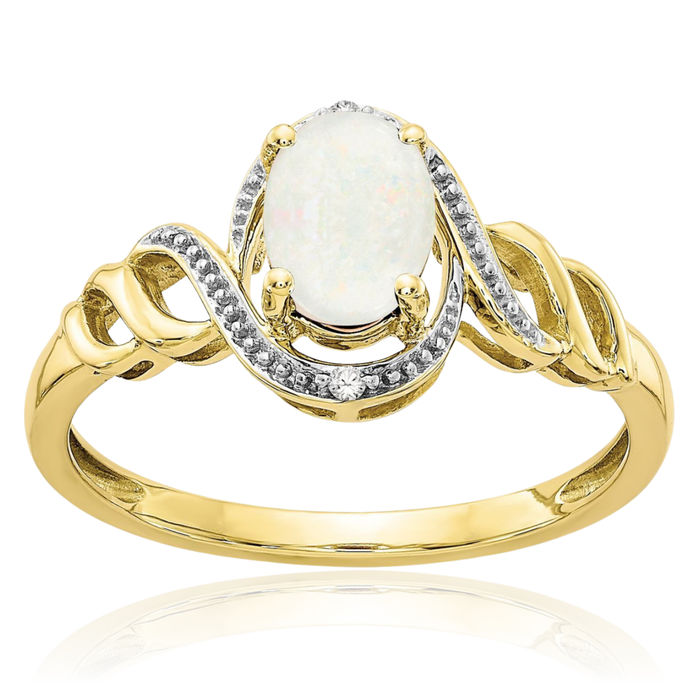 10K Solid Yellow Gold Opal Diamond Ring Gemstone Band October Birthstone Jewelry