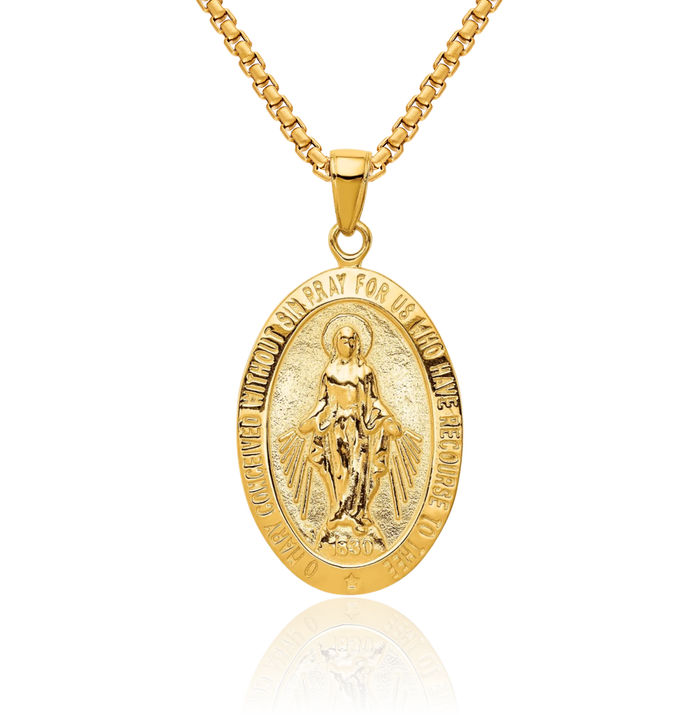 10K Solid Yellow Gold Our Lady of Miraculous Medal Blessed Virgin Mary Necklace Chain Pendant Charm