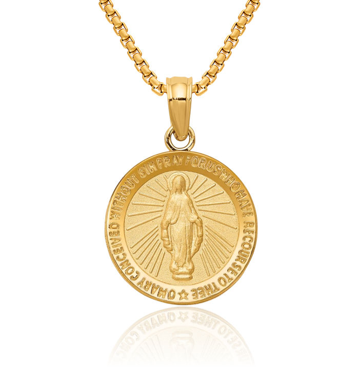 10K Solid Yellow Gold Our Lady of Miraculous Medal Blessed Virgin Mary Necklace Chain Pendant Charm