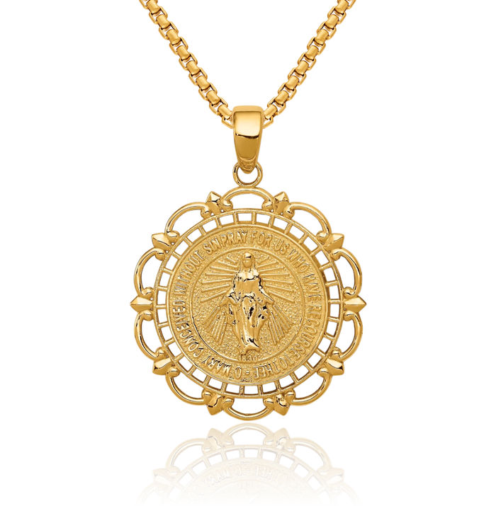 10K Solid Yellow Gold Our Lady of Miraculous Medal Blessed Virgin Mary Scallop Necklace Chain Pendant Charm