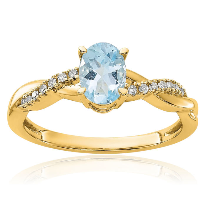 10K Solid Yellow Gold Oval Blue Aquamarine Diamond Ring Gemstone Band March Birthstone Jewelry