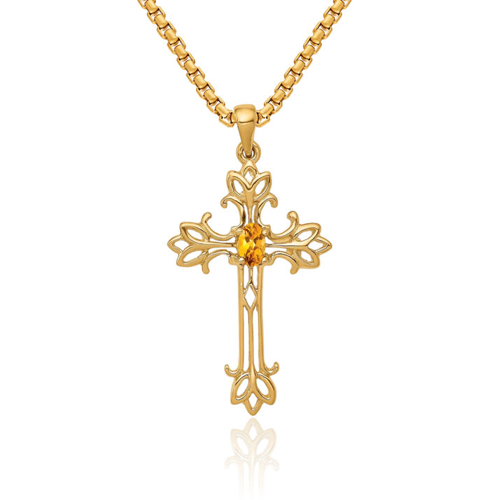 10K Solid Yellow Gold Oval Orange Citrine Holy Cross Necklace Gemstone Pendant Charm November Birthstone Jewelry