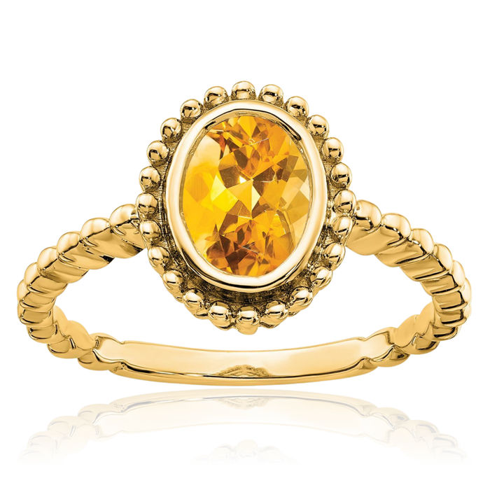 10K Solid Yellow Gold Oval Orange Citrine Ring Gemstone Band