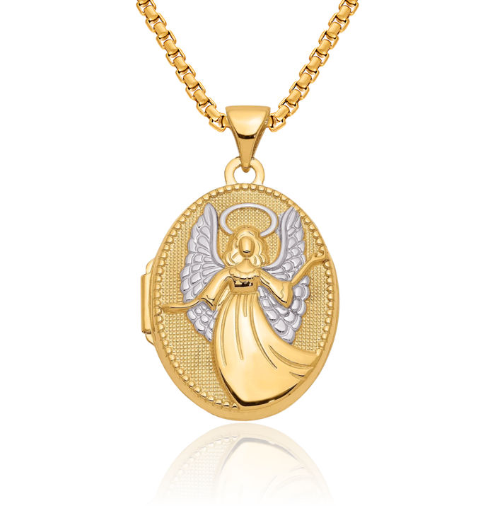 10K Solid Yellow Gold Oval Guardian Angel Wings Personalized Photo Locket Necklace Picture Pendant Charm