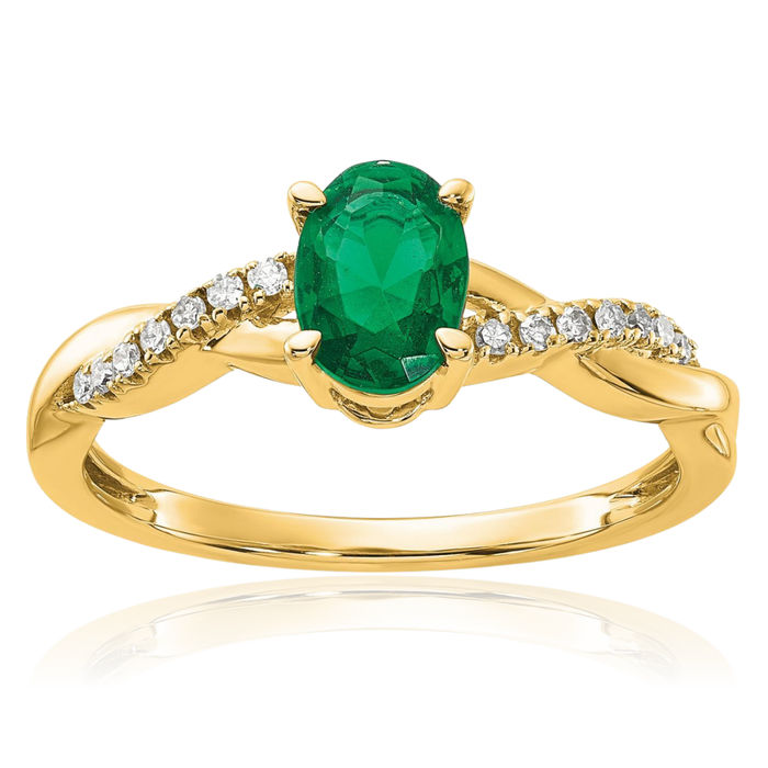 10K Solid Yellow Gold Oval Lab Green Emerald Diamond Ring May Birthstone Jewelry