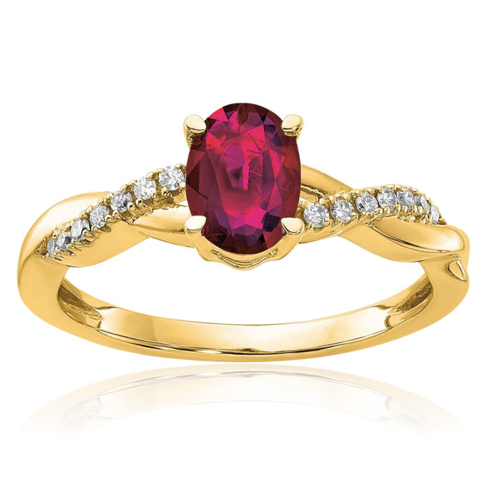 10K Solid Yellow Gold Oval Lab Red Ruby Diamond Ring July Birthstone Jewelry