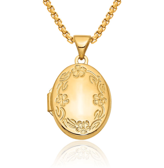 10K Solid Yellow Gold Oval Leaf Flower Personalized Photo Locket Necklace Picture Pendant Charm