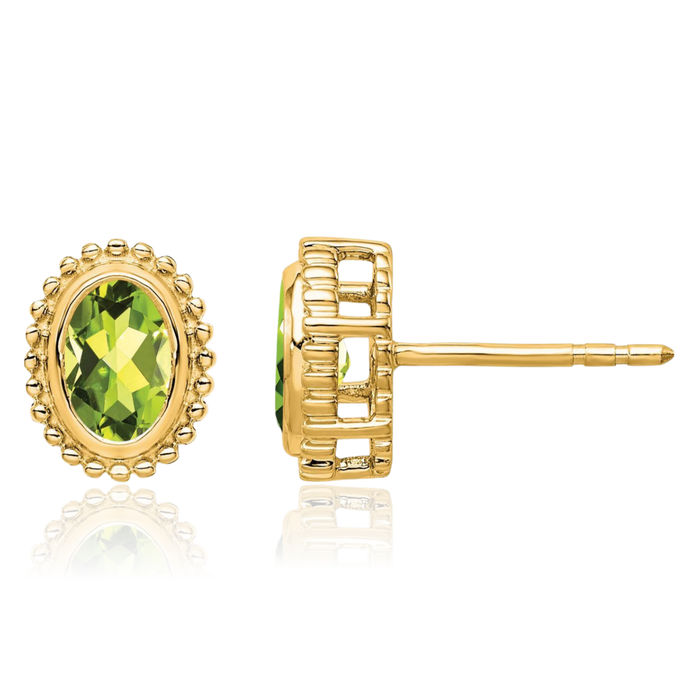 10K Solid Yellow Gold Oval Green Peridot Stud Earrings August Birthstone Jewelry