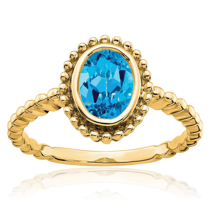 10K Solid Yellow Gold Oval Swiss Blue Topaz Ring Gemstone Band