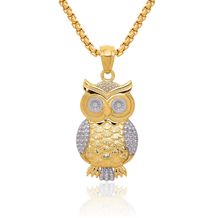 10K Solid Yellow Gold Owl Symbol of Wisdom Bird Necklace Chain Pendant Charm