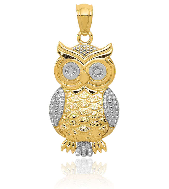 10K Solid Yellow Gold Owl Symbol of Wisdom Bird Necklace Chain Pendant Charm