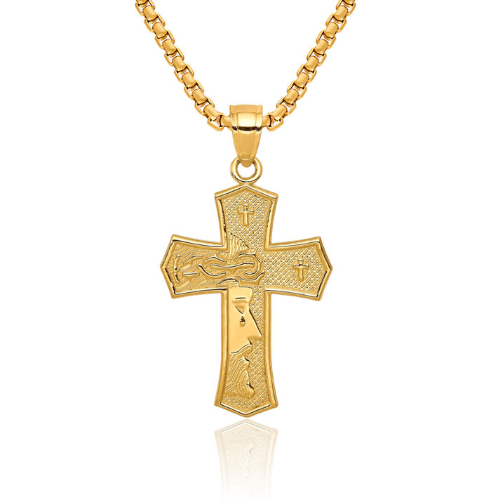 10K Solid Yellow Gold Passion Latin Mexican Holy Cross Jesus Christ Reversible Necklace Religious Chain Pendant Charm