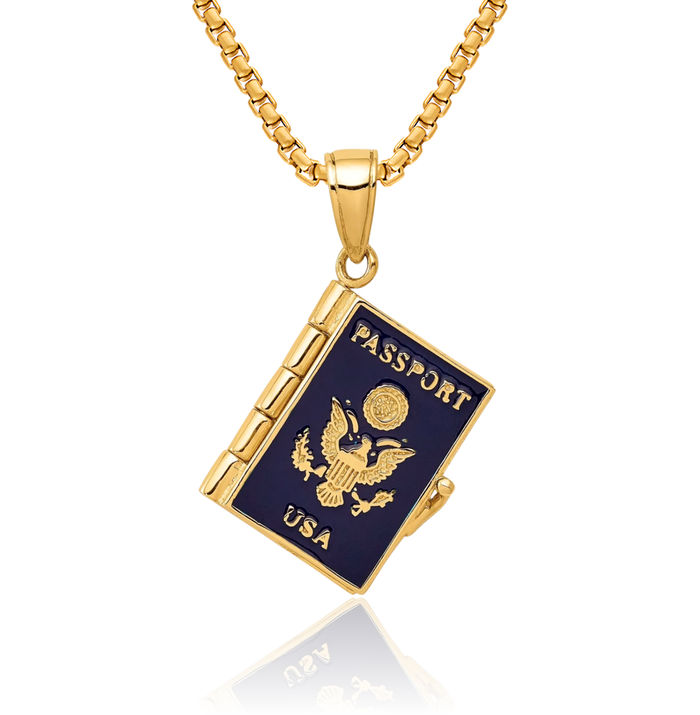 10K Solid Yellow Gold Passport Necklace Chain Pendant Charm