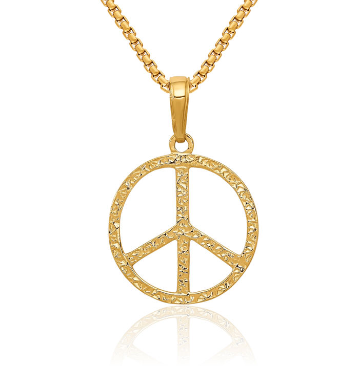 10K Solid Yellow Gold Peace Sign Inspirational Symbol Necklace Chain Pendant Charm