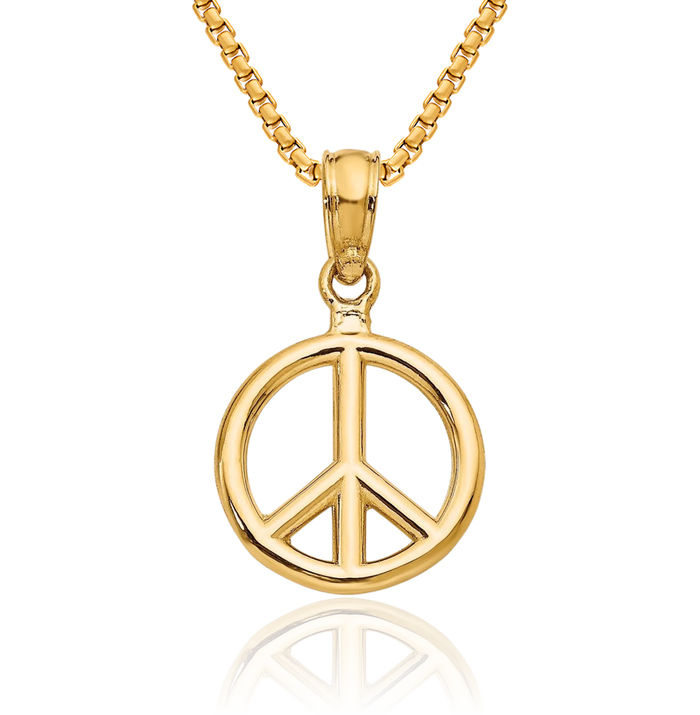 10K Solid Yellow Gold Peace Sign Inspirational Symbol Necklace Chain Pendant Charm