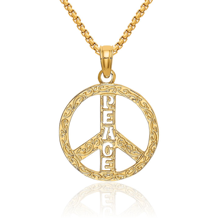 10K Solid Yellow Gold Peace Sign Inspirational Symbol Necklace Chain Pendant Charm