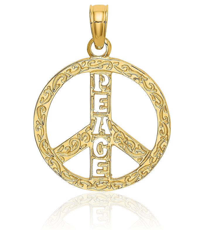 10K Solid Yellow Gold Peace Sign Inspirational Symbol Necklace Chain Pendant Charm