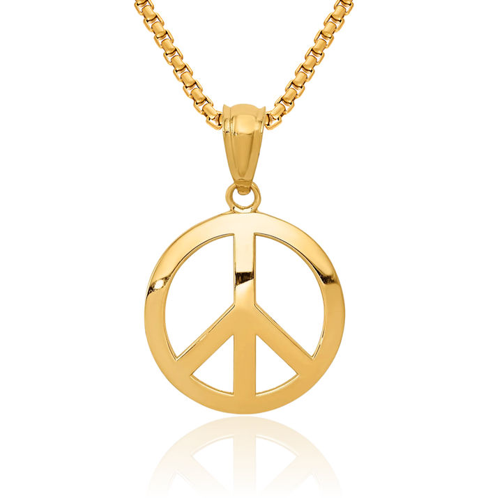 10K Solid Yellow Gold Peace Sign Inspirational Symbol Circle Round Necklace Chain Pendant Charm