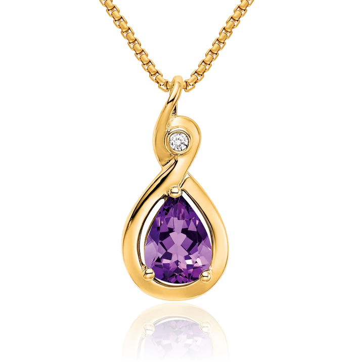 10K Solid Yellow Gold Pear Purple Amethyst Diamond Necklace Charm Gemstone Pendant