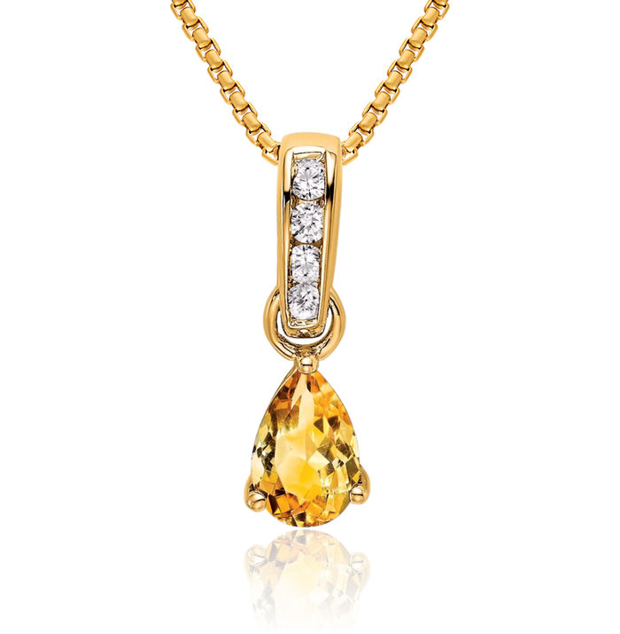 10K Solid Yellow Gold Pear Orange Citrine Diamond Necklace Gemstone Pendant Charm April November Birthstone Jewelry