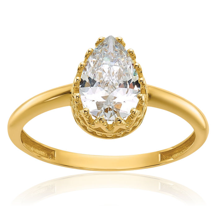 10K Solid Yellow Gold Pear Cubic Zirconia CZ Engagement Ring