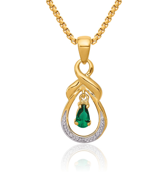 10K Solid Yellow Gold Pear Green Emerald Diamond Necklace Charm Gemstone Pendant