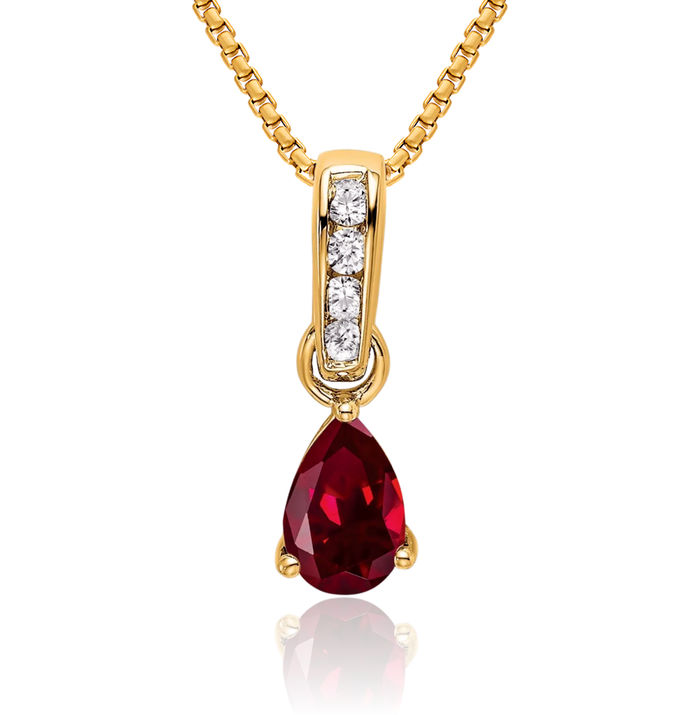 10K Solid Yellow Gold Pear Lab Red Ruby Diamond Necklace Gemstone Pendant Charm