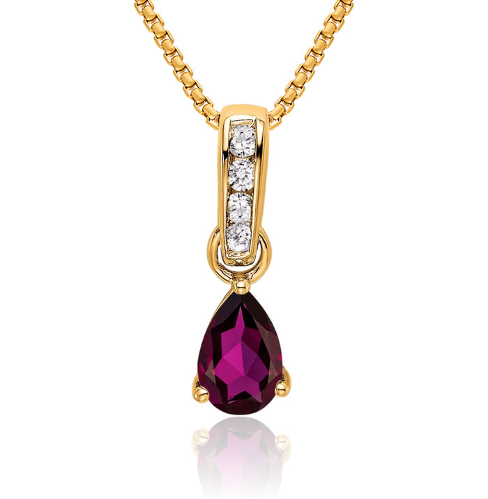 10K Solid Yellow Gold Pear Purple Rhodolite Garnet Diamond Necklace Gemstone Pendant Charm April June Birthstone Jewelry