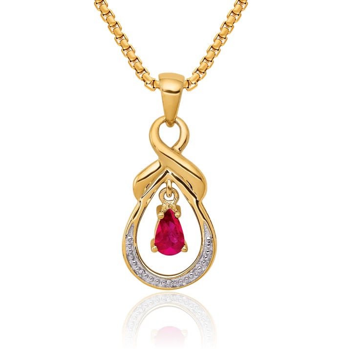 10K Solid Yellow Gold Pear Red Ruby Diamond Dangling Necklace Charm Gemstone Pendant