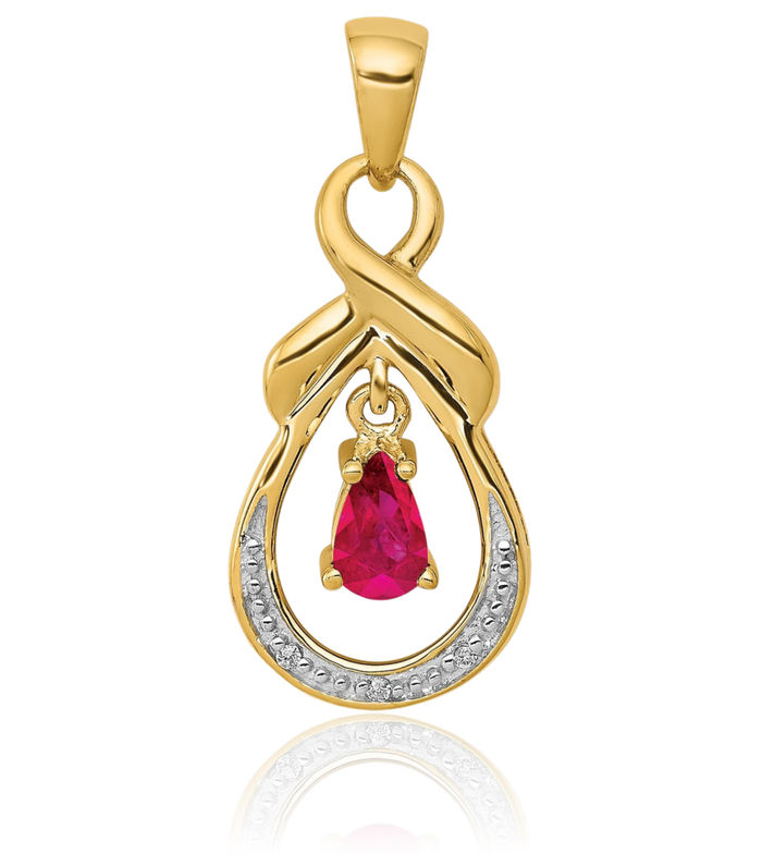 10K Solid Yellow Gold Pear Red Ruby Diamond Dangling Necklace Charm Gemstone Pendant