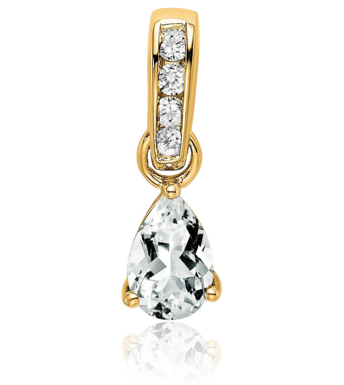 10K Solid Yellow Gold Pear White Topaz Diamond Necklace Gemstone Pendant Charm April Birthstone Jewelry