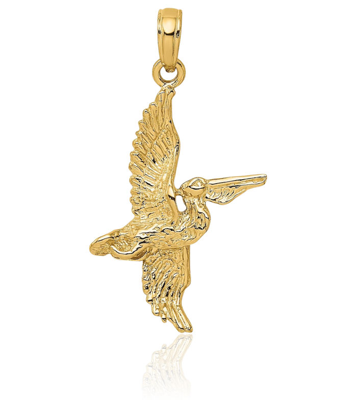 10K Solid Yellow Gold Pelican Symbol of Focus Persistence Bird Flying Necklace Chain Pendant Charm