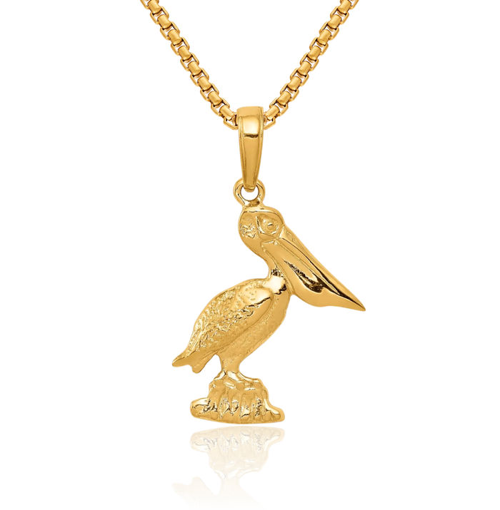 10K Solid Yellow Gold Pelican Symbol of Focus Persistence Bird Necklace Chain Pendant Charm