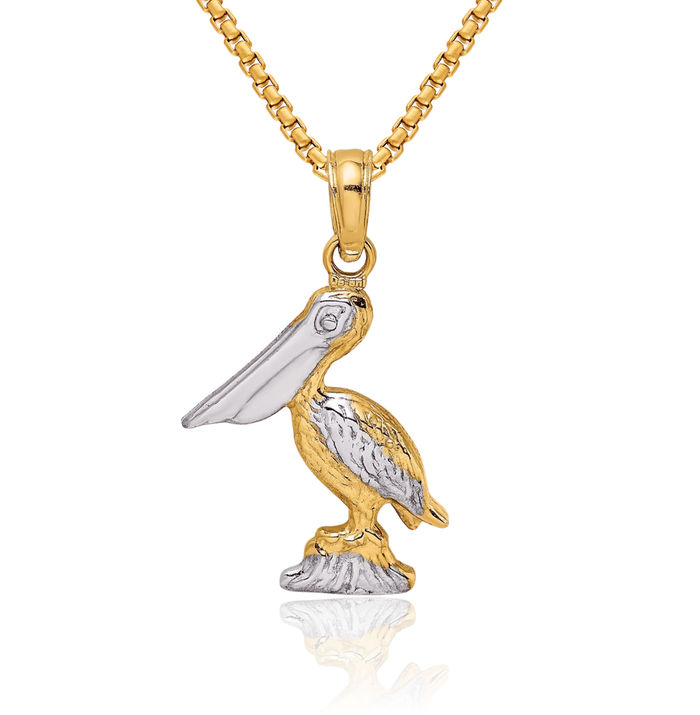 10K Solid Yellow Gold Pelican Symbol of Focus Persistence Bird Necklace Chain Pendant Charm